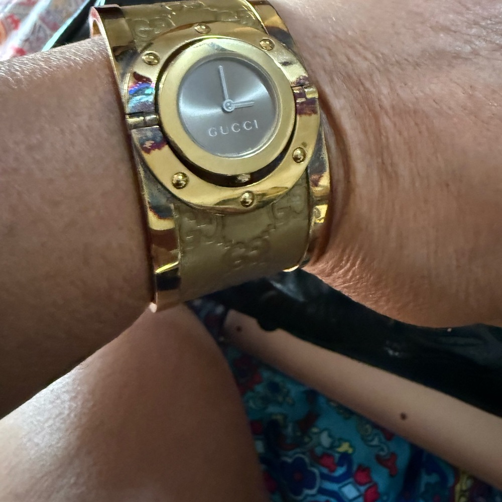 Gucci Gold Tone Cuff Watch with Silver Dial